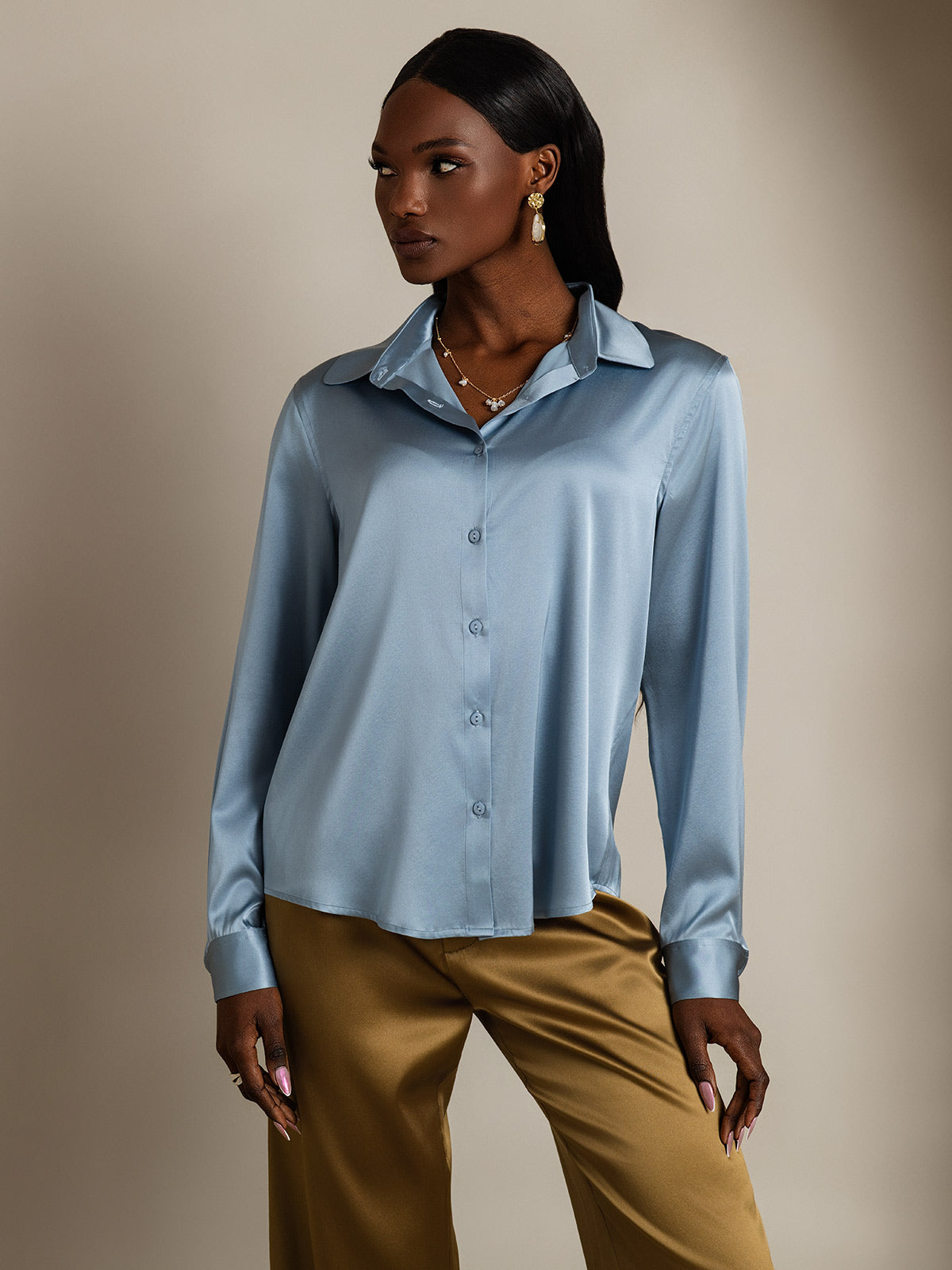 SilkSilky-CA Silk Long Sleeve Collar Women's Shirt GrayishBlue 001