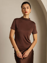[Coffee] SilkSilky-CA 100% Silk Jersey Short Sleeve Mock Neck Women's T-Shirt 008