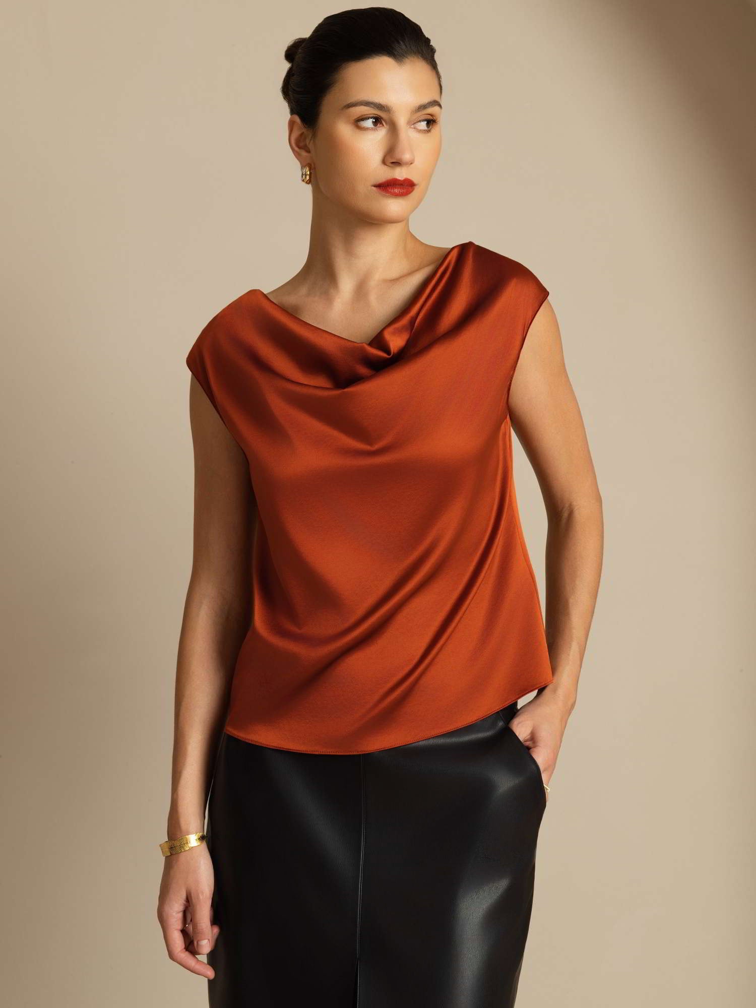 [Caramel] SilkSilky-CA 19Momme Silk Cap Sleeve Cowl Neck Women's T-Shirt 005