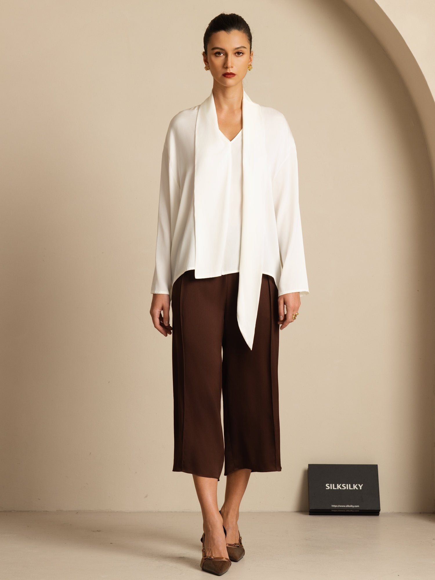 [White] SilkSilky-CA 19Momme Stretch Silk Double Georgette Long Sleeve V Neck Blouse 006