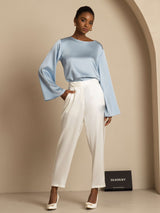 [Grayish Blue] SilkSilky-CA Long Sleeve Boat Neck Blouse 007