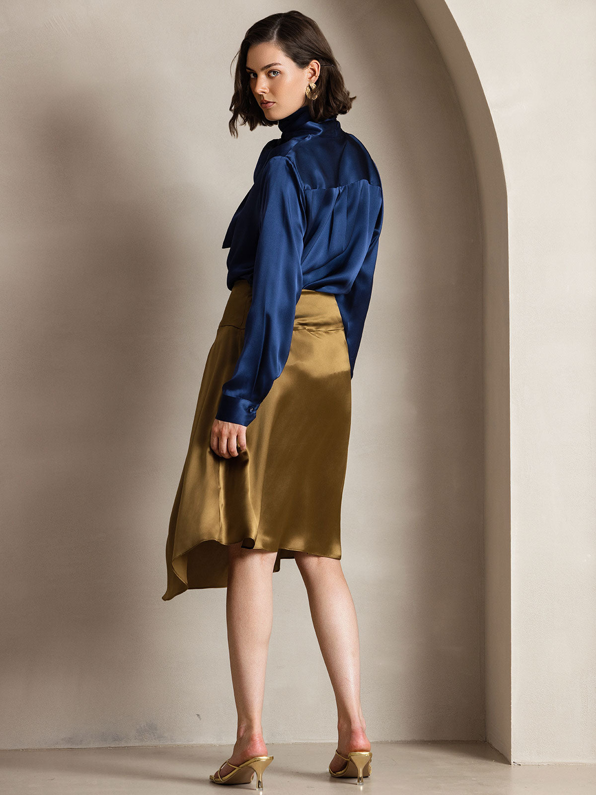 [Dark Blue] SilkSilky-CA 19Momme Long Sleeve High Neck Blouse 004