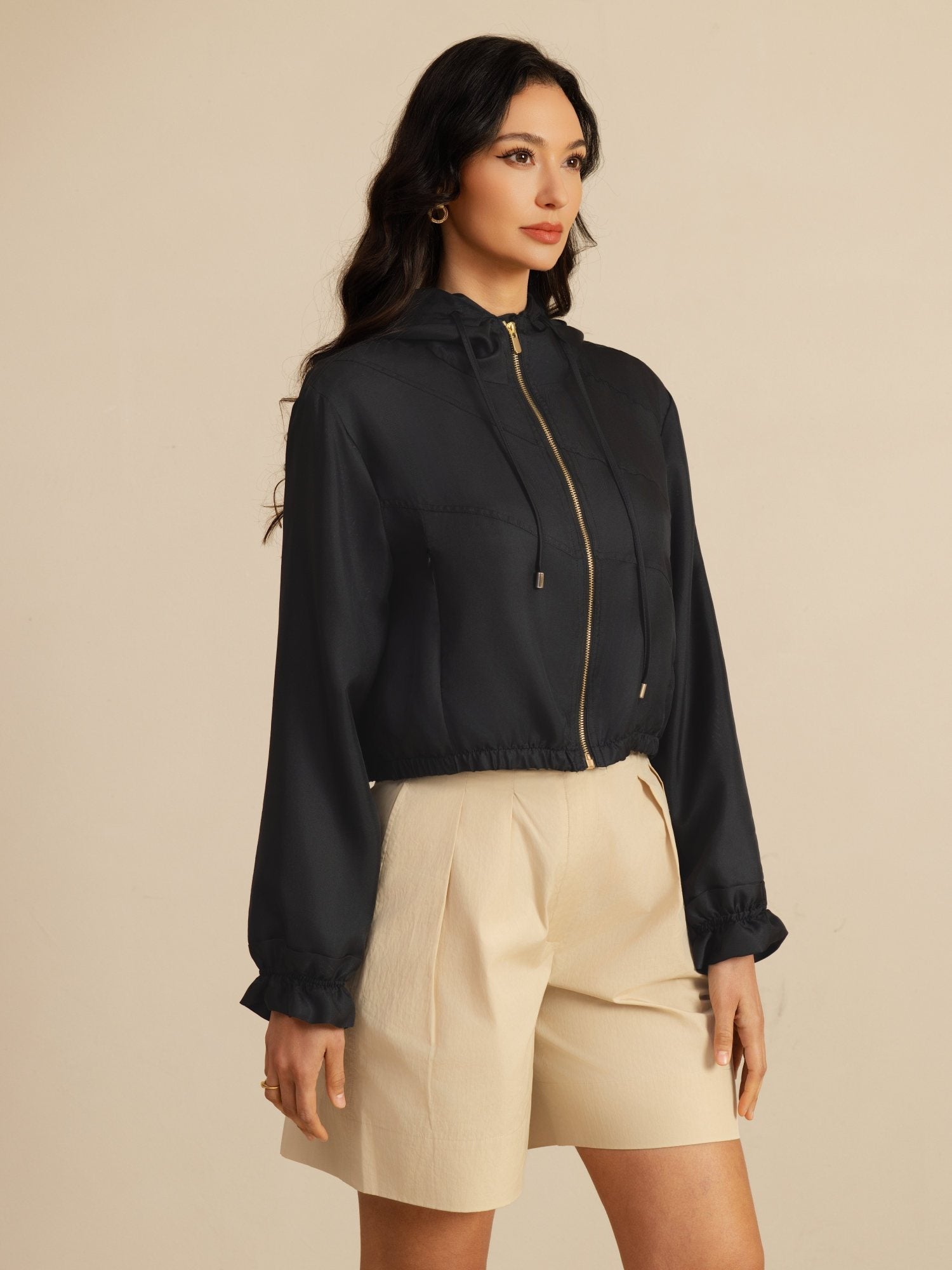 [Black] SilkSilky-CA 18Momme Silk Satin Surah Long Sleeve High Neck Women's Outerwear 006