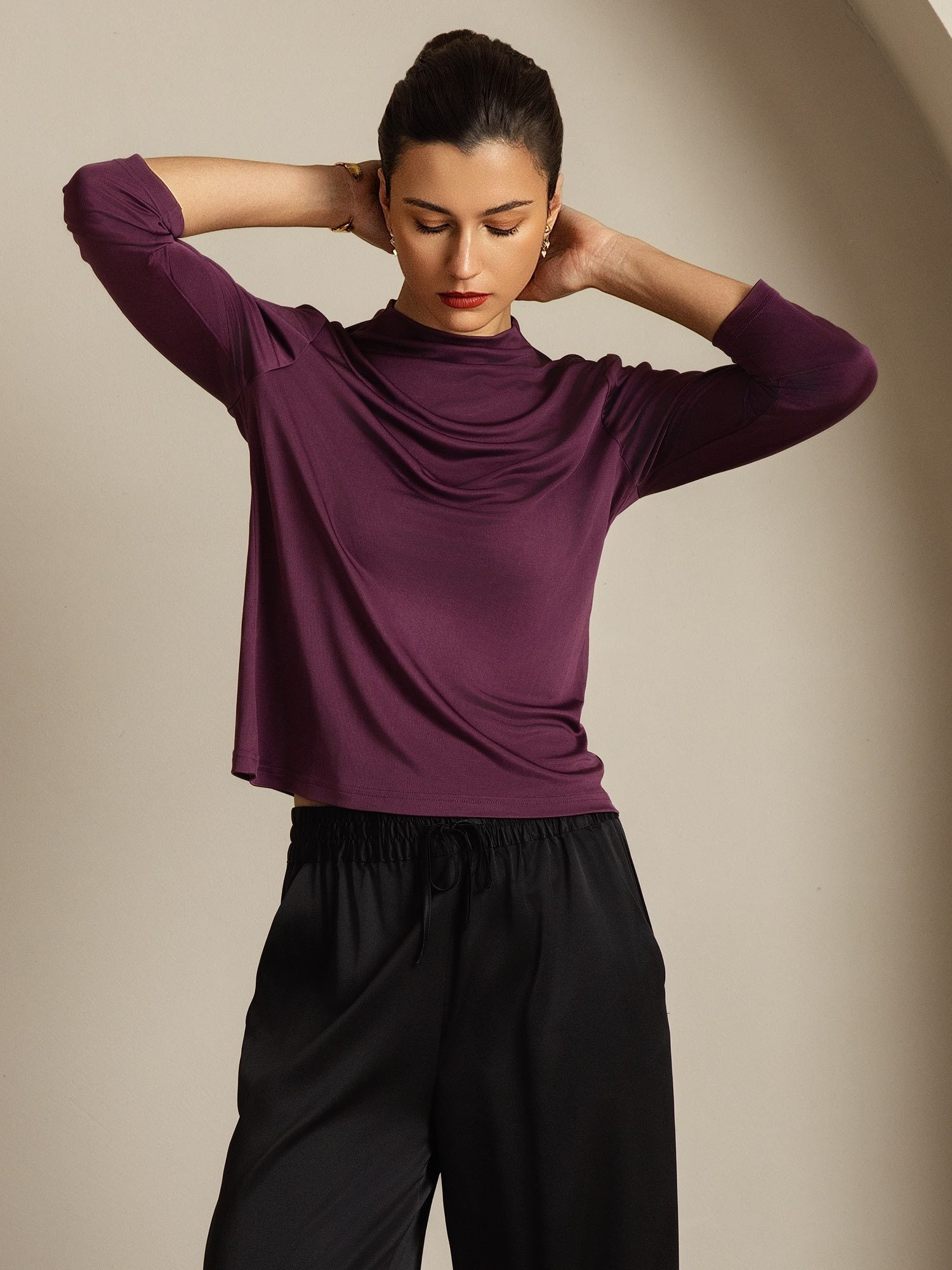 [Purple] SilkSilky-CA Pure Silk High Neck Women's T-Shirt 007