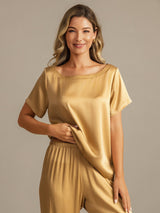 [Tan] SilkSilky-CA 19Momme Machine-Washable Silk Short Sleeve Women's Pajamas 006