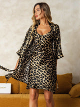 [Leopard] SilkSilky-CA Pure Silk V Neck Nightgown&Robe Set 006,