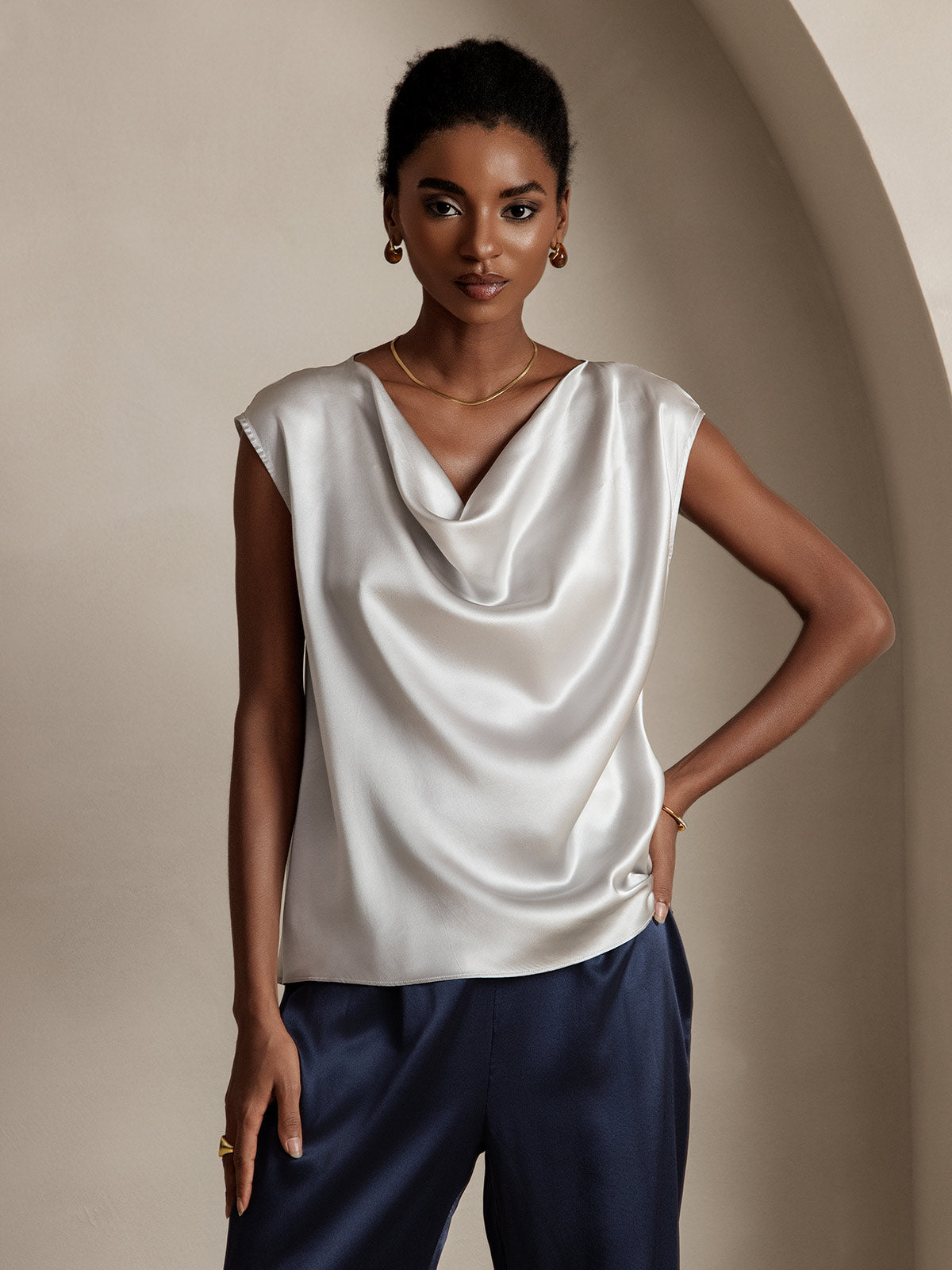 [Light Gray] SilkSilky-CA 19Momme Silk Cap Sleeve Cowl Neck Women's T-Shirt 001