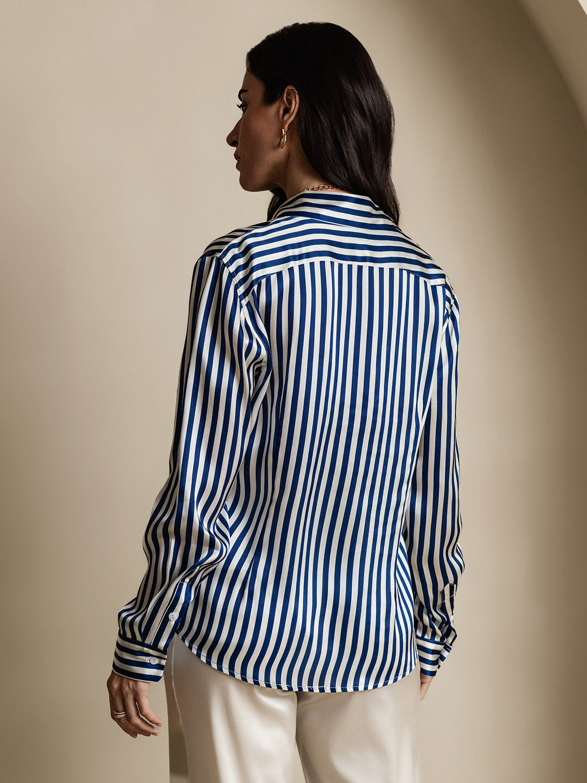 [Navy Stripe] SilkSilky-CA 19Momme Stretch Silk Charmeuse Long Sleeve Lapel Collar Women's Shirt 002
