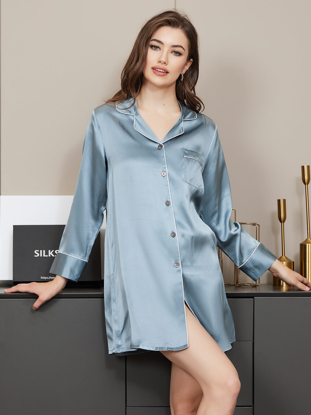 SilkSilky-CA Pure Silk Long Sleeve Lapel Nightshirt SteelBlue 001