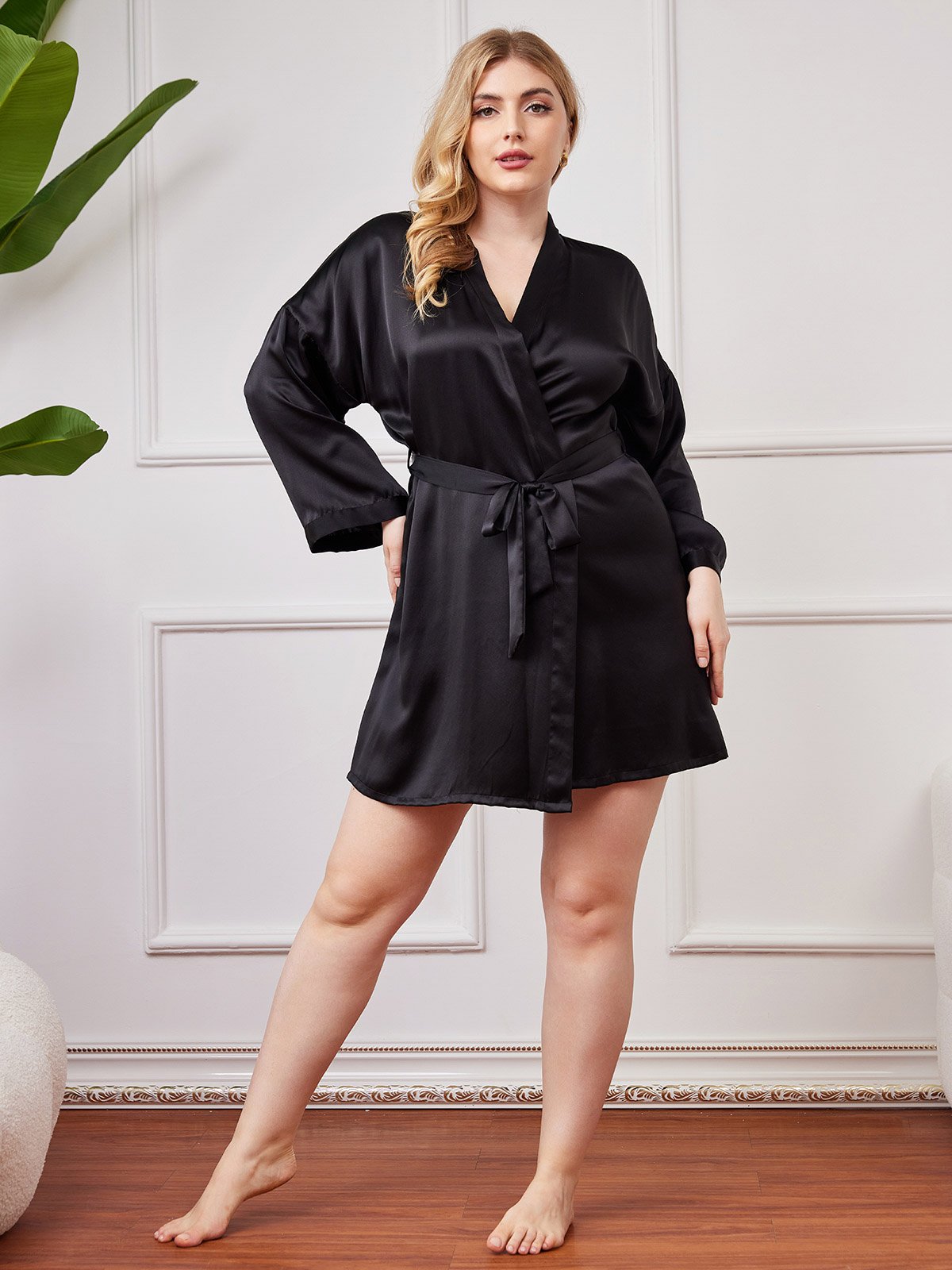 SilkSilky-CA Pure Silk Long Sleeve Deep V Neck Plus Size Robe Black 005