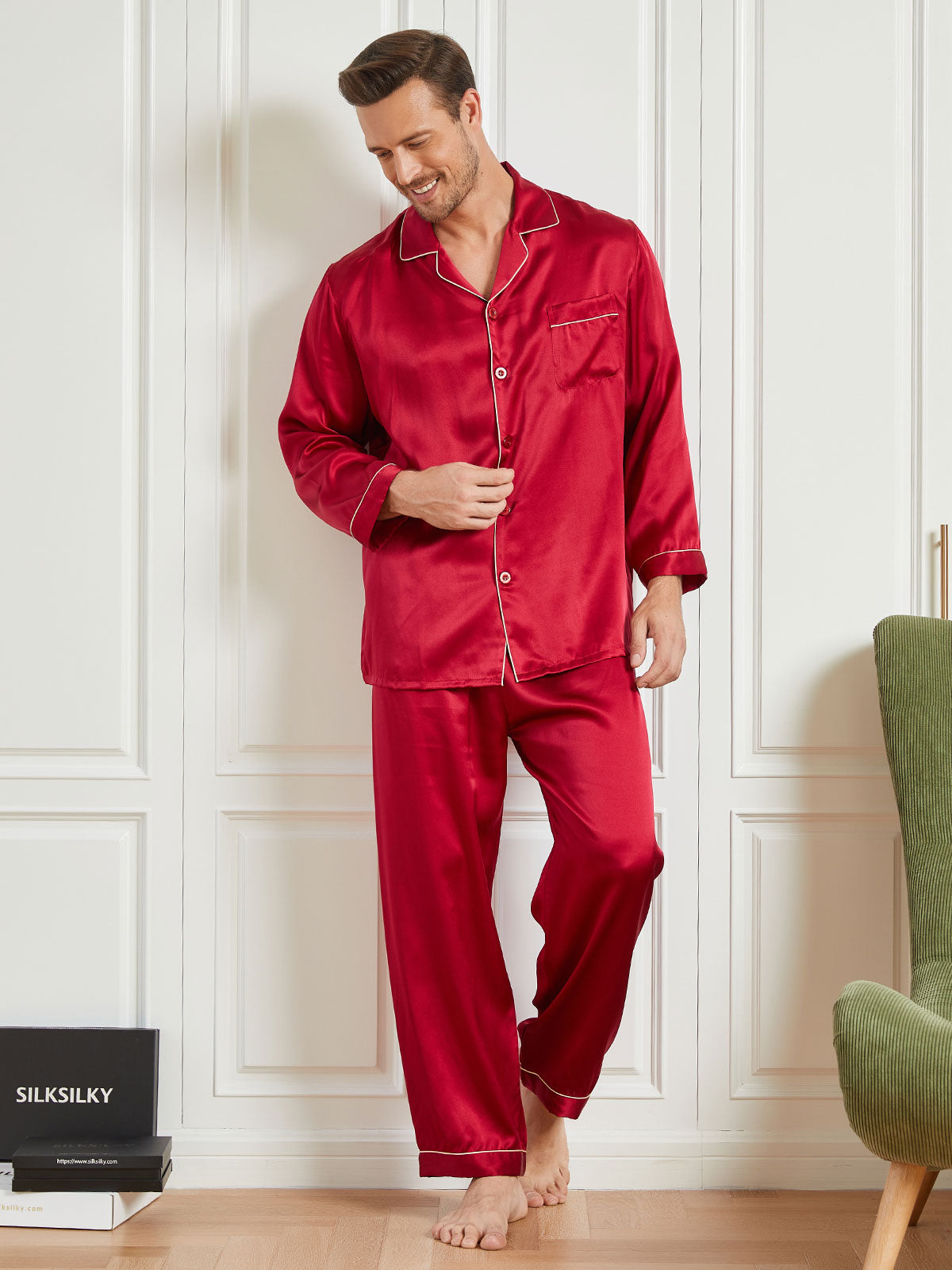 SilkSilky CA 19Momme Pure Silk Long Sleeve Lapel Men's Pajamas Red 003