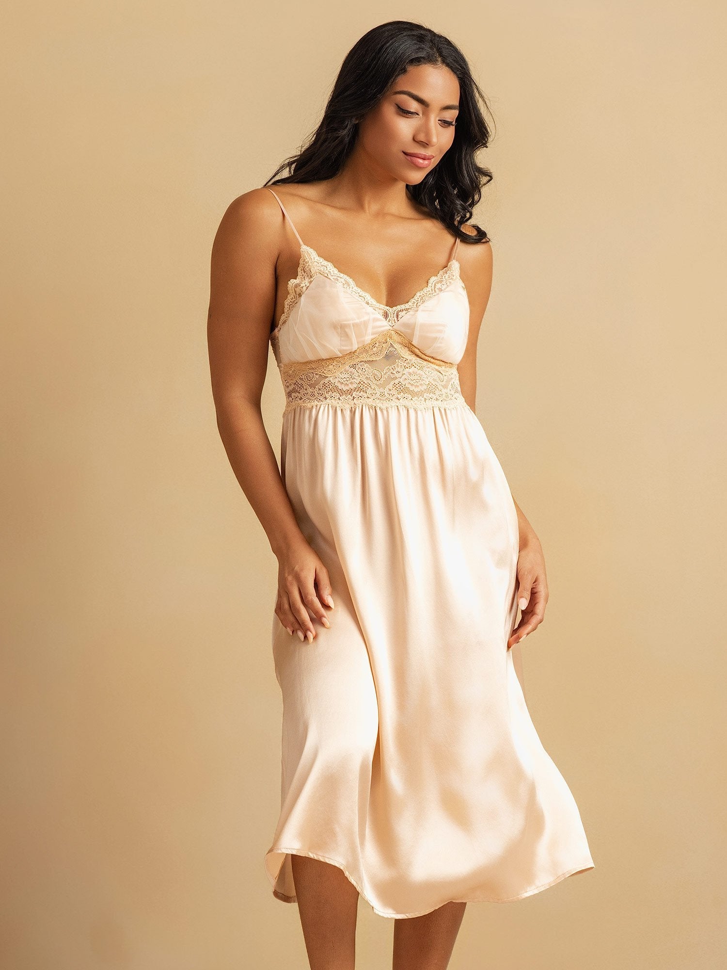 [Light Pink] SilkSilky-CA Spaghetti Strap Deep V Neck Nightgown 004