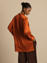 [Caramel] SilkSilky-CA 19Momme Stretch Silk Charmeuse Long Sleeve Stand Collar Blouse 002