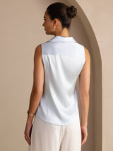 [Light Blue] SilkSilky-CA Sleeveless Lapel Collar Women's Shirt 002