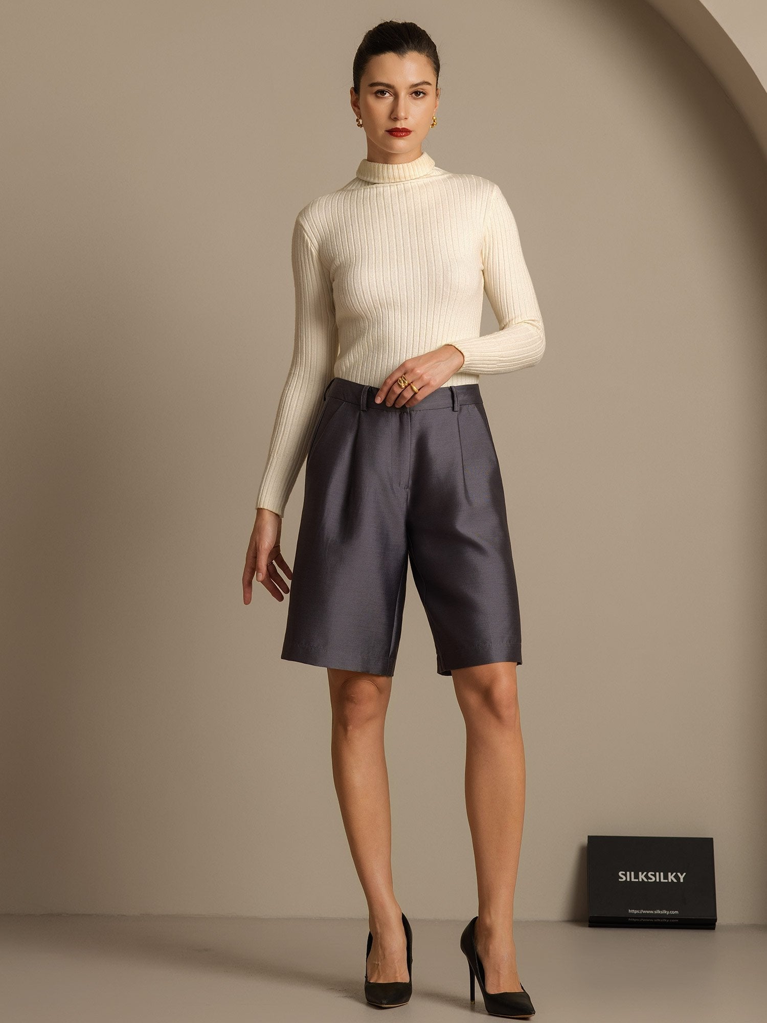 [Gray] SilkSilky-CA 32Momme Silk-Wool Blend Womens Shorts 006,