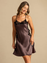 [Dark Brown] SilkSilky-CA Spaghetti Strap V Neck Nightgown 001