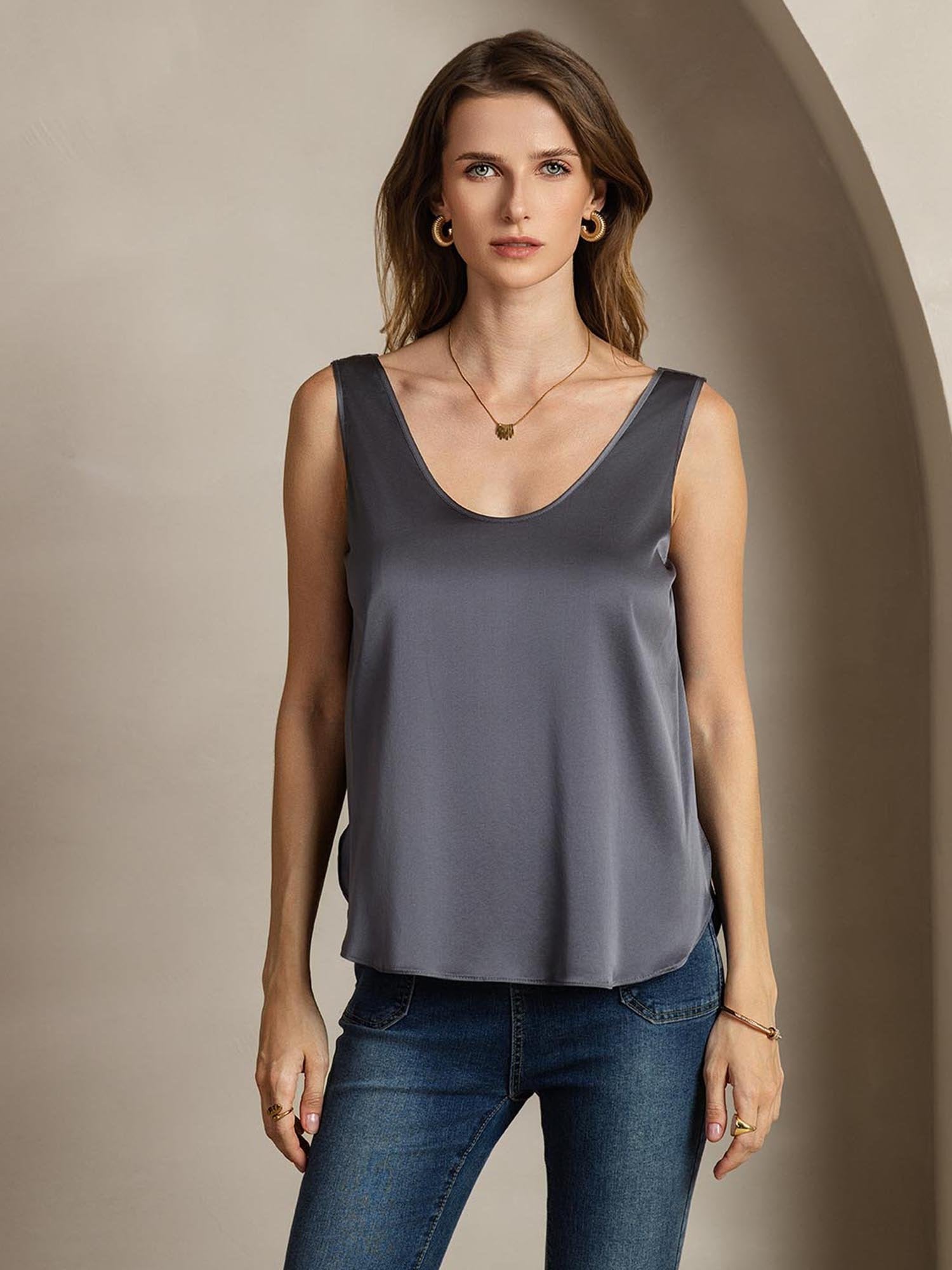 [DarkGray] SilkSilky-CA 19Momme Silk U Neck Women's T-Shirt 002
