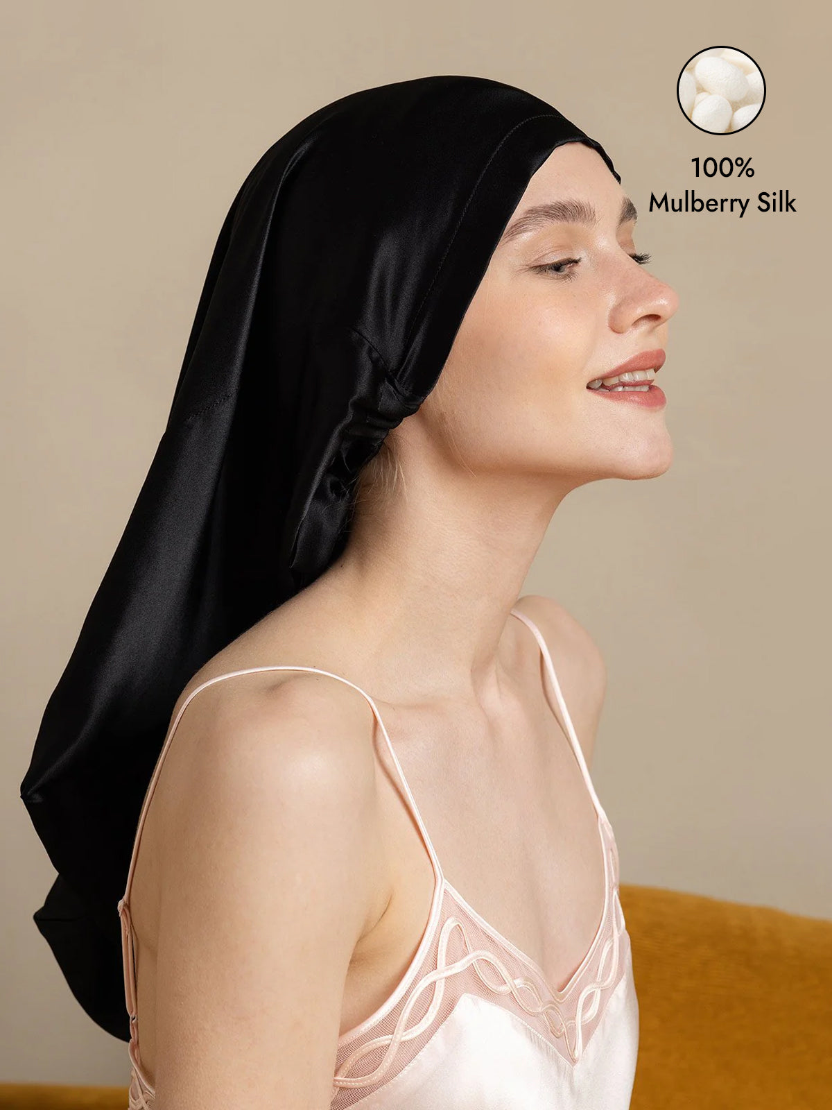 [Black] SilkSilky-CA Pure Silk Sleep Cap 001