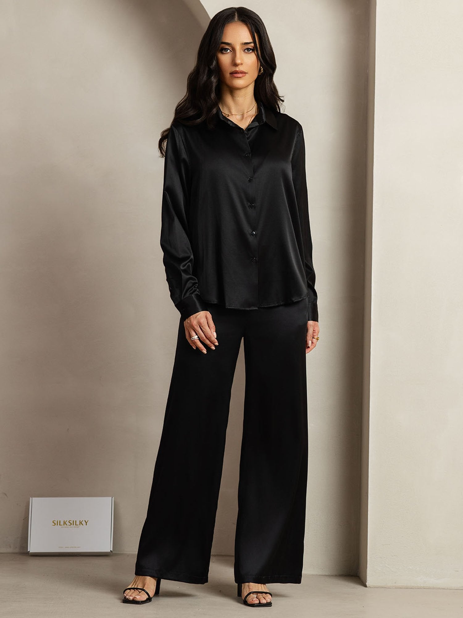 [Black] SilkSilky-CA 19Momme Silk Lapel Collar Women''s Outfit Sets 003