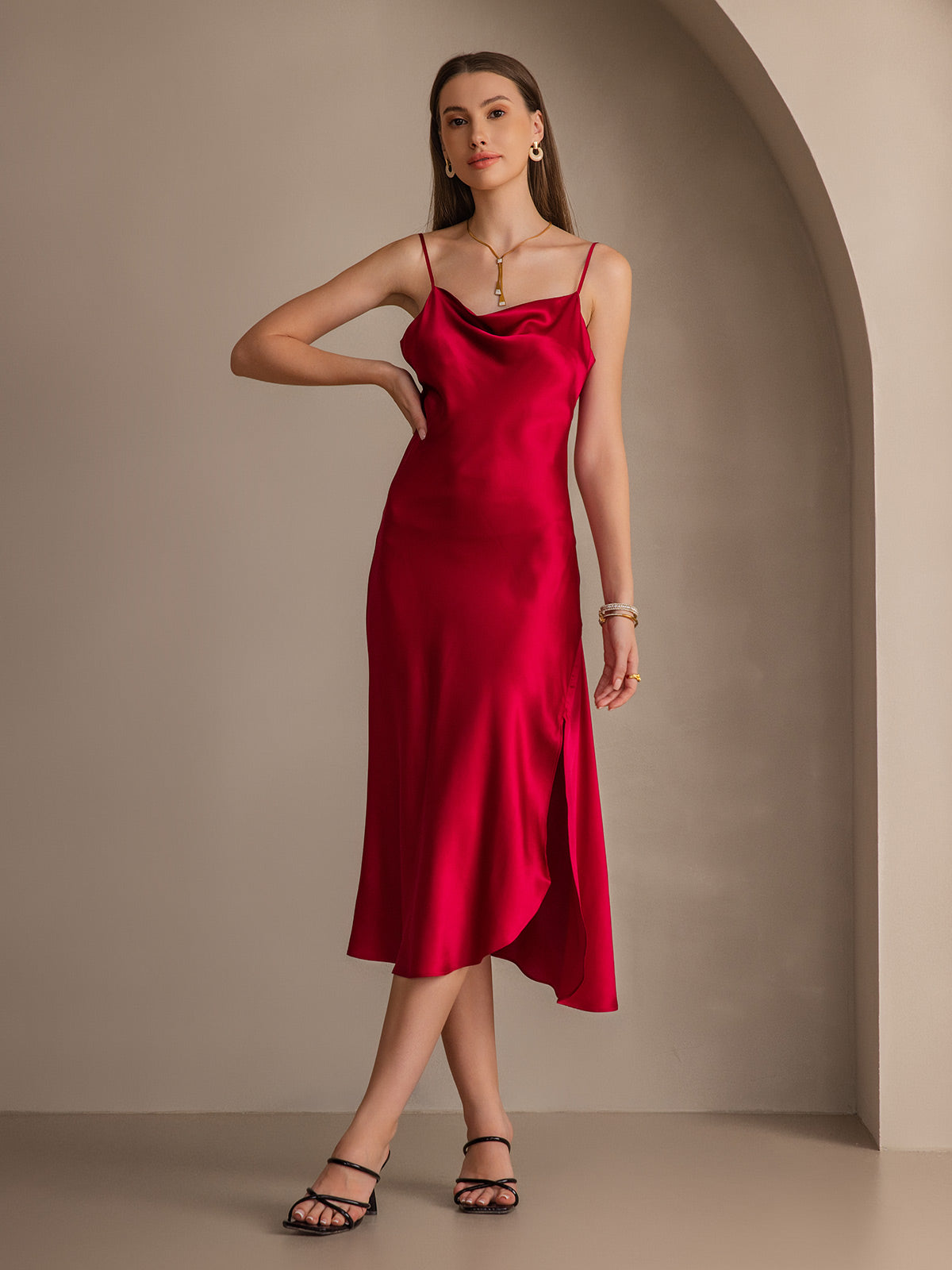 [Wine] SilkSilky-CA 19Momme Pure Silk Cowl Neck Dress 007