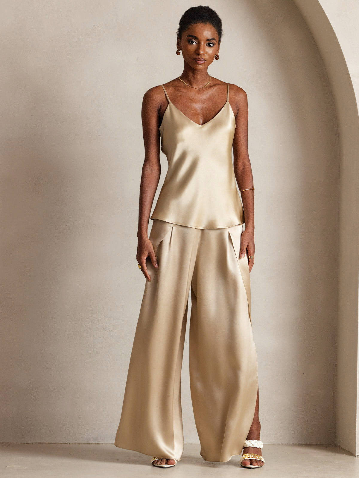[Champagne] SilkSilky-CA Pure Silk V Neck Camisole 005