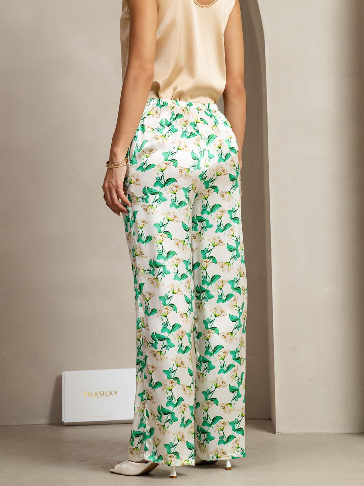 [Green Floral] SilkSilky-CA 19Momme Silk Womens Pants 002