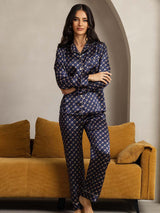 [Navy Chain] SilkSilky-CA Long Sleeve Lapel Collar Women's Pajamas 005