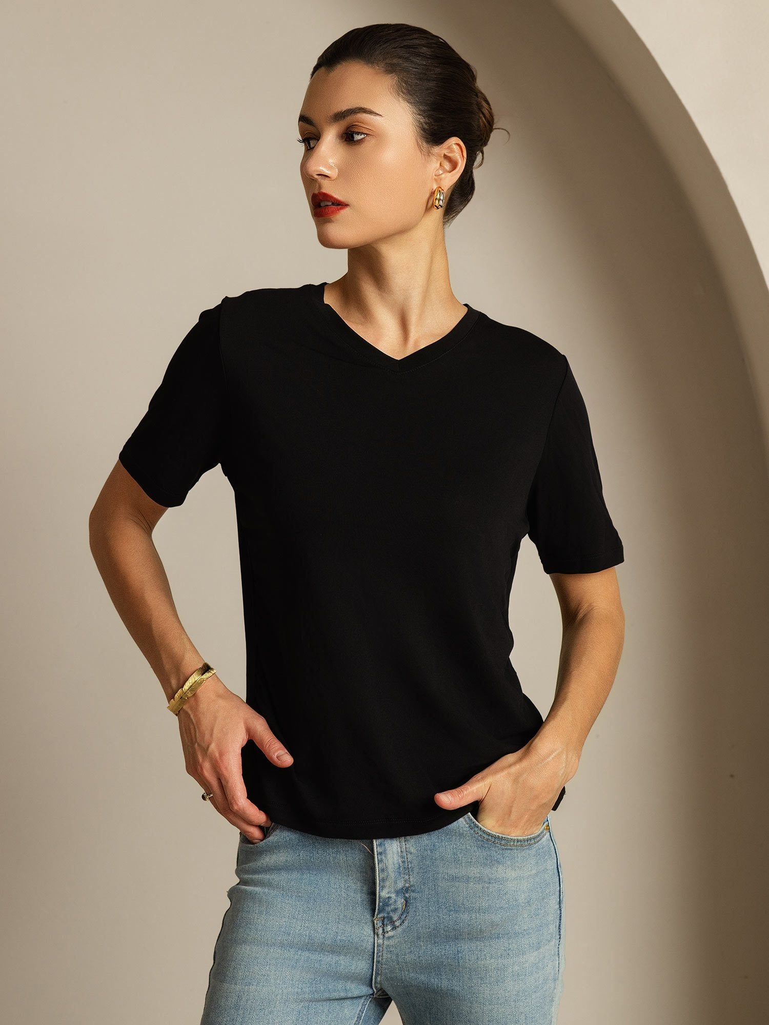 [Black] SilkSilky-CA Pure Silk V Neck Women's T-Shirt 006