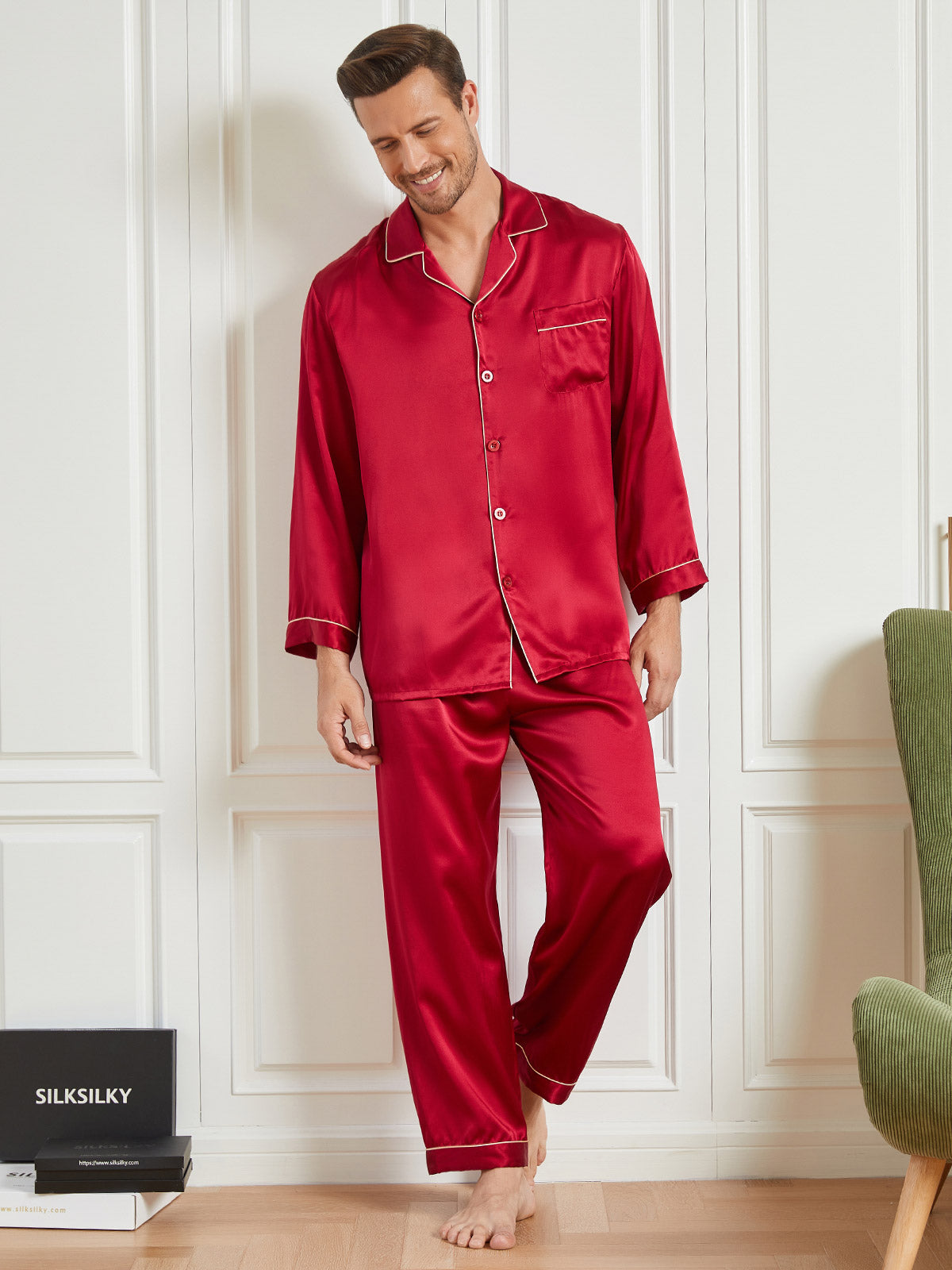 SilkSilky CA 19Momme Pure Silk Long Sleeve Lapel Men's Pajamas Red 001