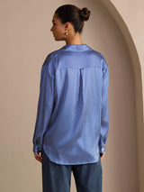 [Blue Pinstripe] SilkSilky-CA Long Sleeve Lapel Collar Women's Shirt 002