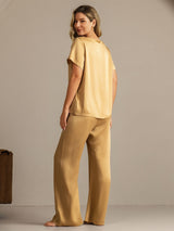 [Tan] SilkSilky-CA 19Momme Machine-Washable Silk Short Sleeve Women's Pajamas 002