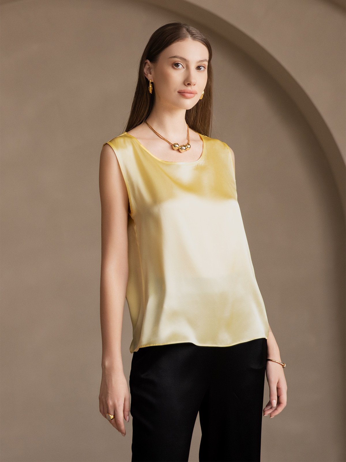 [Light Yellow] SilkSilky-CA 19Momme Silk Round Neck Camisole 005