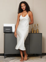 [White] SilkSilky-CA Spaghetti Strap V Neck Nightgown 003