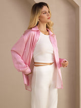 [Pink Pinstripe] SilkSilky-CA Long Sleeve Lapel Collar Women's Shirt 005