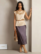 [Champagne] SilkSilky-CA Cap Sleeve Round Neck Women's T-Shirt 004