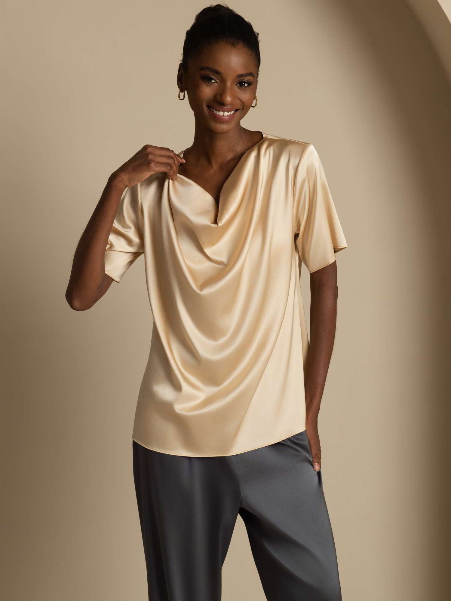 [Champagne] SilkSilky-CA 19Momme Stretch Silk Charmeuse Short Sleeve Cowl Neck Blouse 003