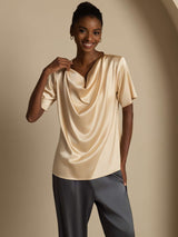 [Champagne] SilkSilky-CA Short Sleeve Cowl Neck Women's Blouse 003