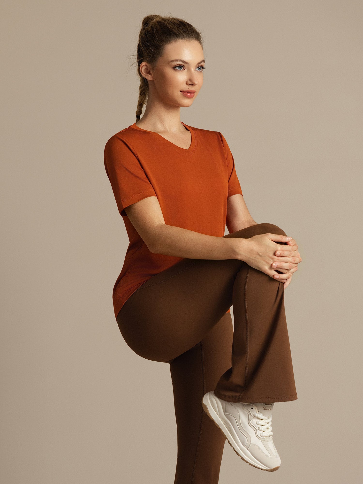 [Orange] SilkSilky-CA 100% High-Twist Silk Jersey Short Sleeve V Neck Women's T-Shirt 008