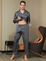 [Navy Ginkgo] SilkSilky-CA 19Momme Long Sleeve Notch Collar Men's Pajamas 016