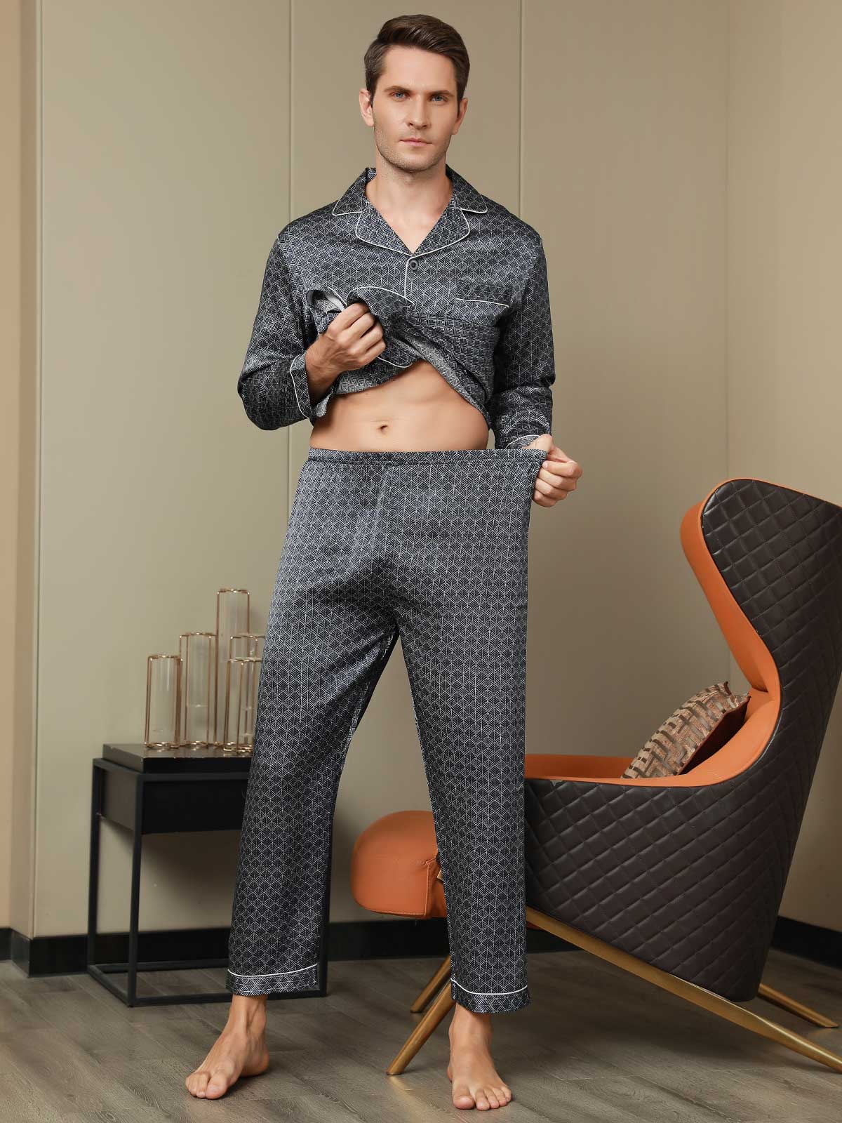 [Navy Ginkgo] SilkSilky-CA 19Momme Pure Silk Mens Pajamas 008