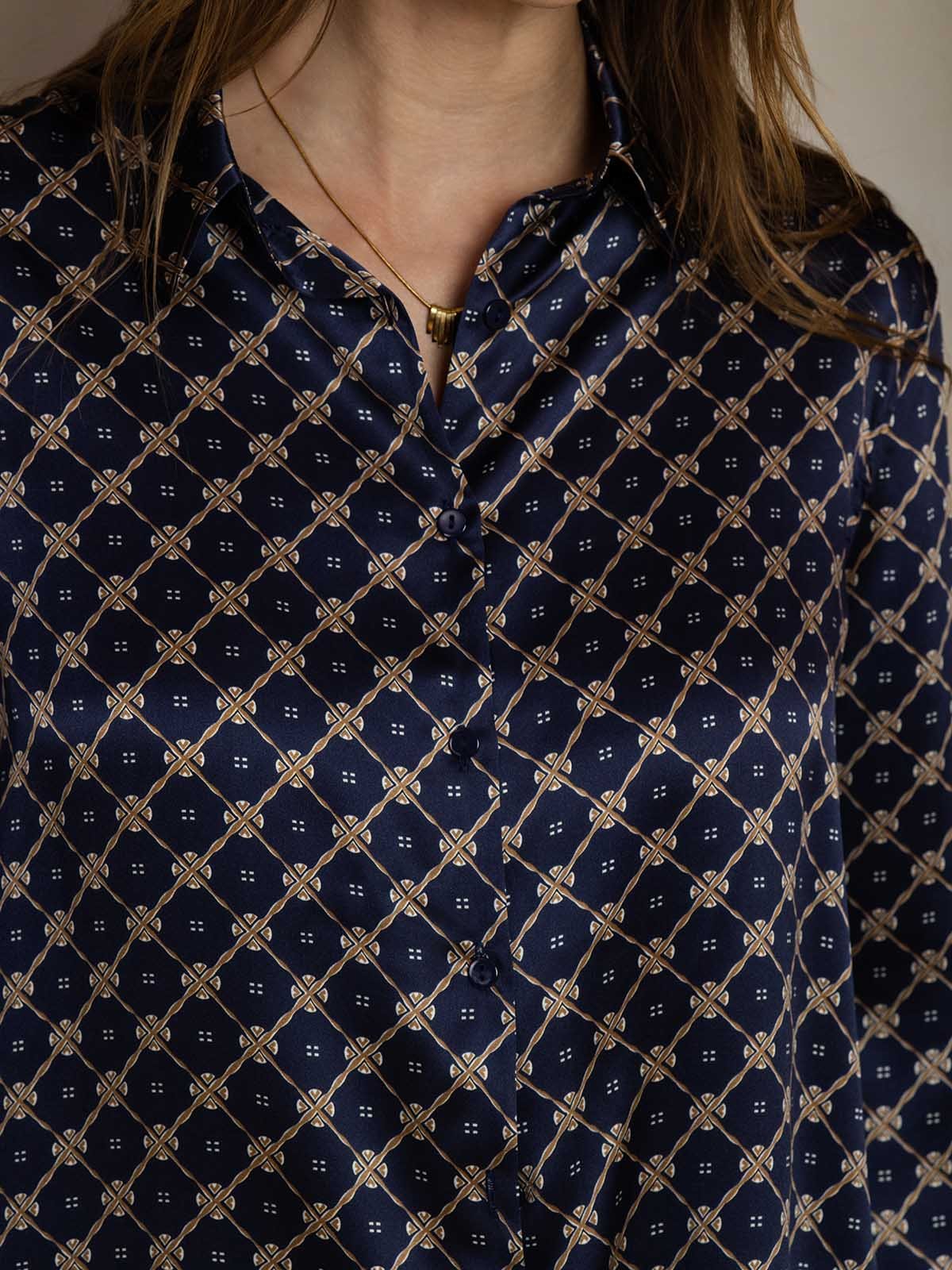 [Navy Chain] SilkSilky-CA 19Momme Silk Lapel Collar Women''s Outfit Sets 005