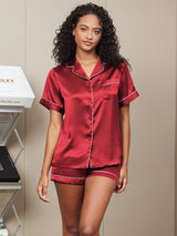 [Wine] SilkSilky-CA Short Sleeve Lapel Collar Women's Pajamas 004