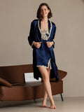 SilkSilky-CA Pure Silk Long Sleeve V Neck Nightgown&Robe Set DarkBlue 003