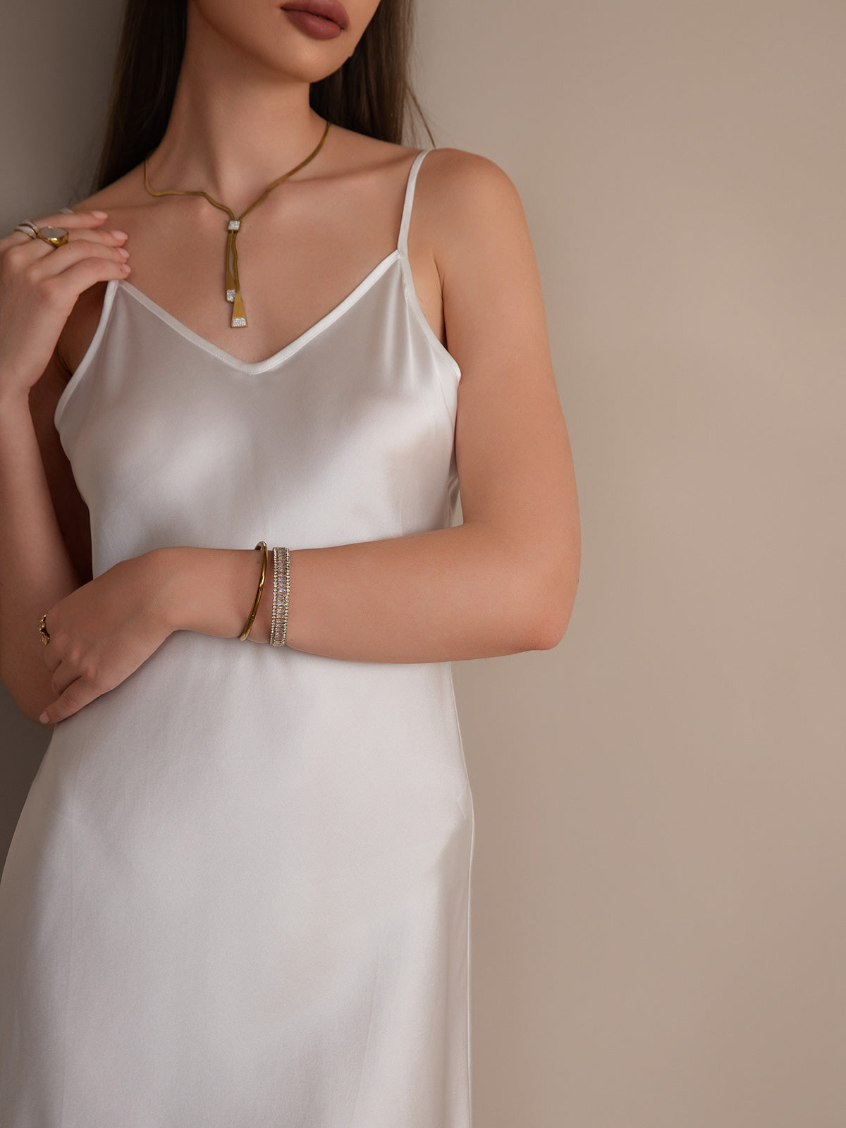[White] SilkSilky-CA Pure Silk V Neck Dress 003