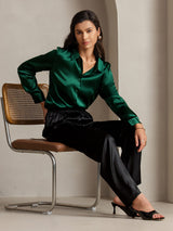 [Dark Green] SilkSilky-CA Long Sleeve Lapel Collar Women's Shirt 003