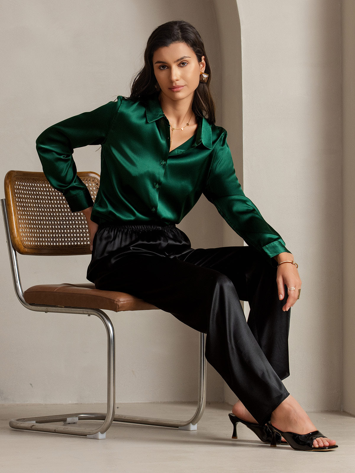 [Dark Green] SilkSilky-CA Silk Long Sleeve Lapel Collar Women's Shirt 003