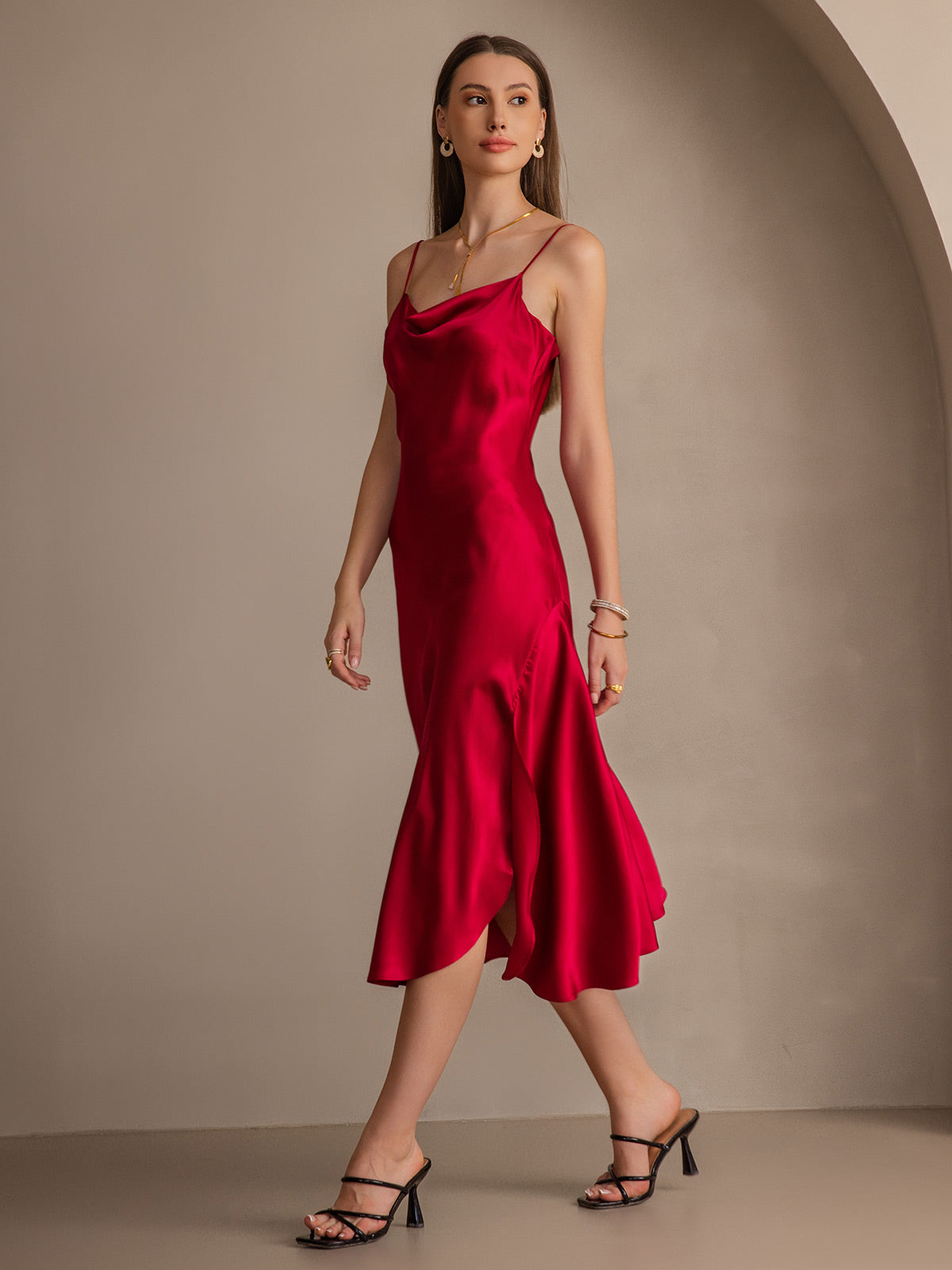 [Wine] SilkSilky-CA 19Momme Pure Silk Cowl Neck Dress 006