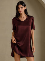 [Brown] SilkSilky-CA Half Sleeve V Neck Nightgown 001