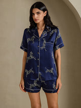 [Navy Zebra] SilkSilky-CA Short Sleeve Lapel Collar Women's Pajamas 001