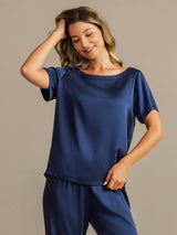 [Dark Blue] SilkSilky-CA 19Momme Machine-Washable Silk Short Sleeve Women's Pajamas 003